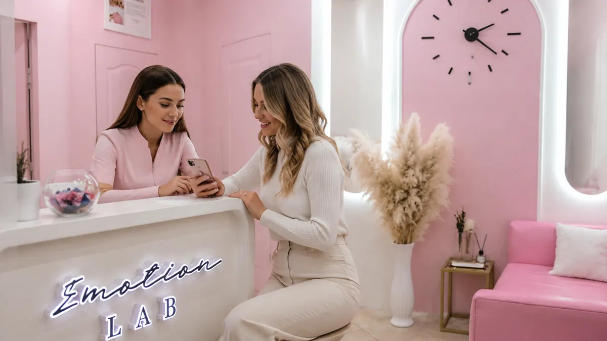 Клиентка выбирает дату следующей процедуры в Emotion Lab