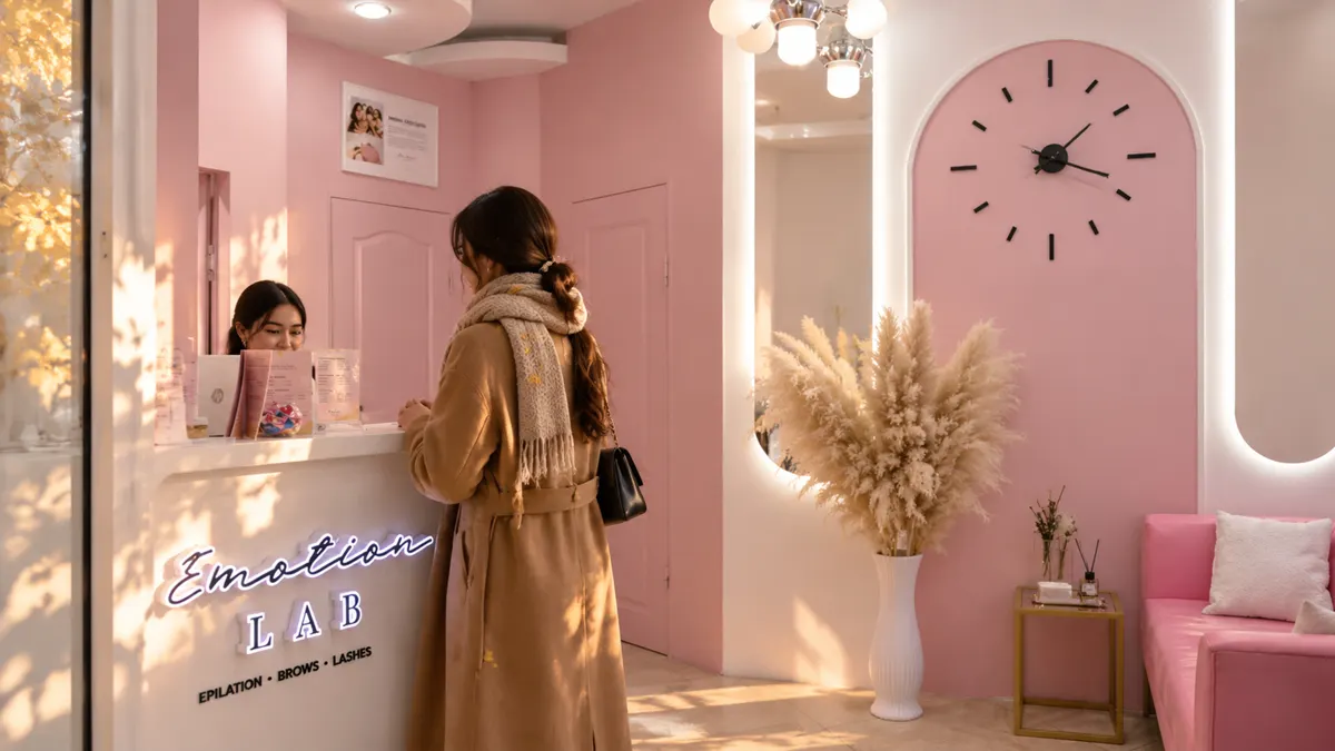 Клиентка в осеннем пальто у розовой стойки ресепшена Emotion Lab