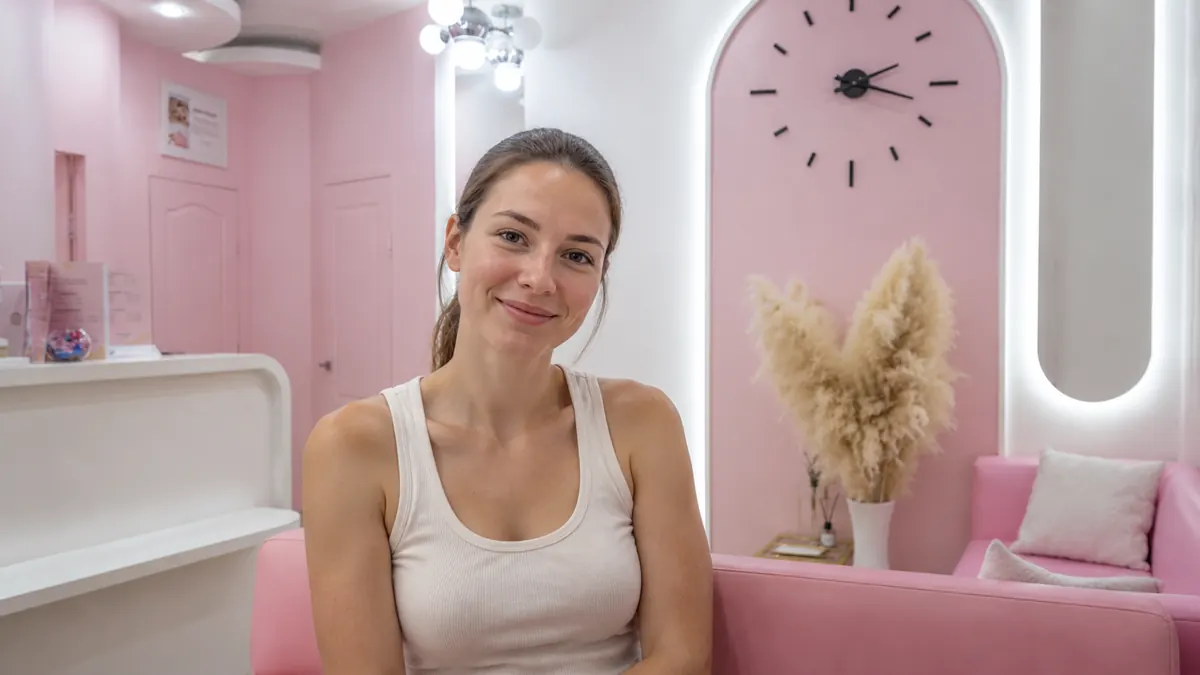 Средства ухода без ароматизаторов рядом с зеркалом в студии Emotion Lab