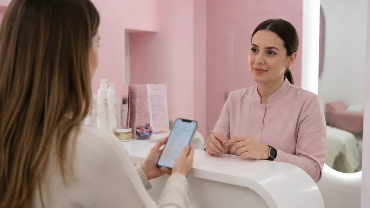 Клиентка уточняет условия годового абонемента на ресепшене Emotion Lab