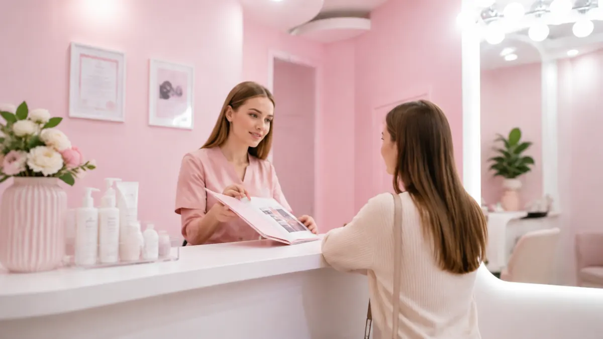 Администратор Emotion Lab показывает клиентке варианты записи