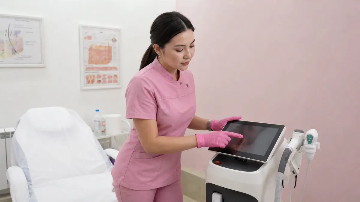 Мастер Emotion Lab выставляет параметры на экране лазерного аппарата